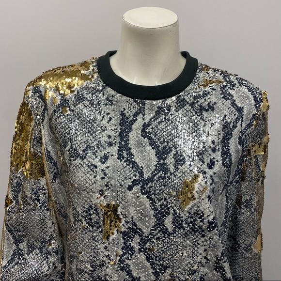 Ted Baker London Top Snakeskin Print Black Gray & Gold Sequin Excellent Size 3 - Picture 5 of 6